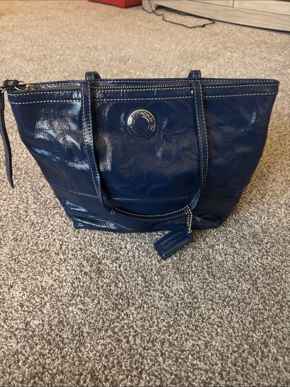 Coach Navy Patent Leather Signature Tote